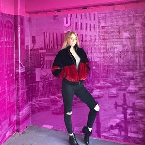 Fuzzy black and red bomber jacket